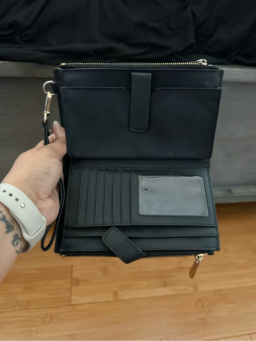 Michael Kors Black and Gold Saffiano Wristlet Card Holder